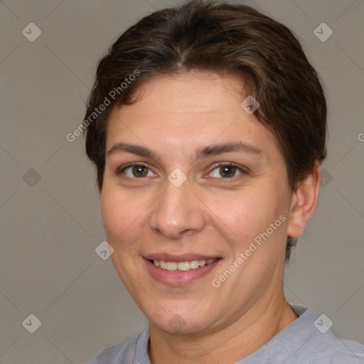 Joyful white young-adult female with short  brown hair and brown eyes