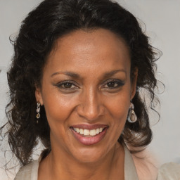 Joyful black adult female with medium  brown hair and brown eyes