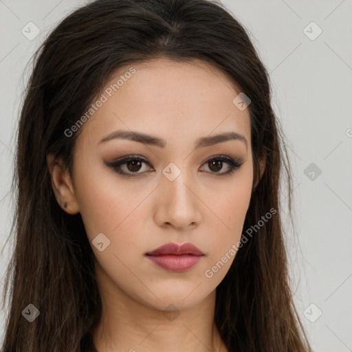 Neutral white young-adult female with long  brown hair and brown eyes