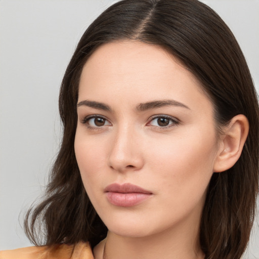 Neutral white young-adult female with long  brown hair and brown eyes