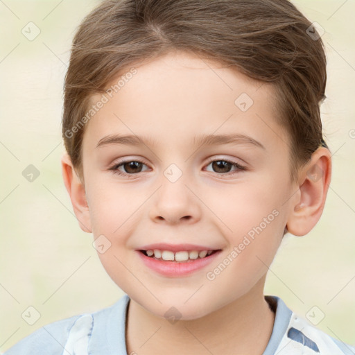 Joyful white child female with short  brown hair and brown eyes