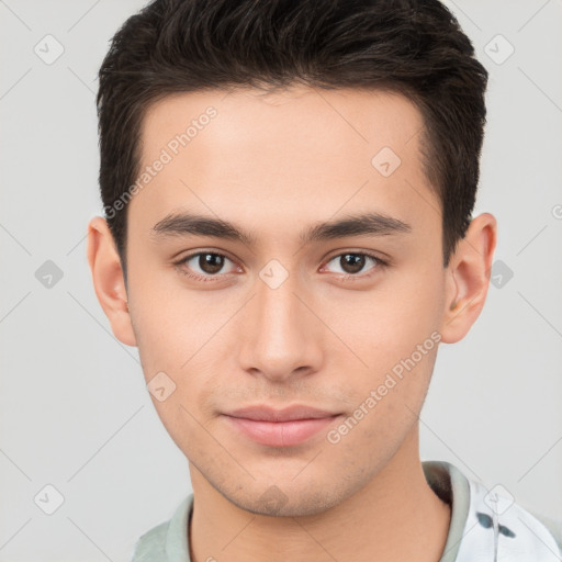 Neutral white young-adult male with short  brown hair and brown eyes