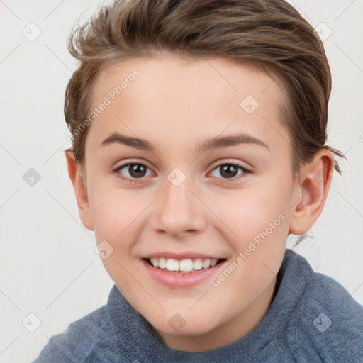 Joyful white child female with short  brown hair and brown eyes