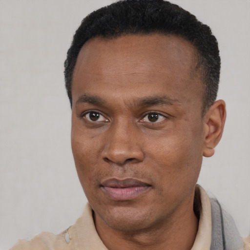 Joyful black adult male with short  black hair and brown eyes