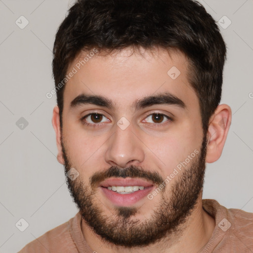 Joyful white young-adult male with short  brown hair and brown eyes