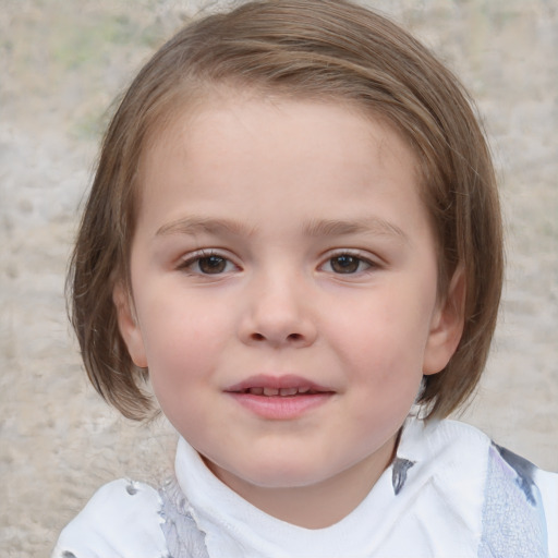 Joyful white child female with medium  brown hair and blue eyes