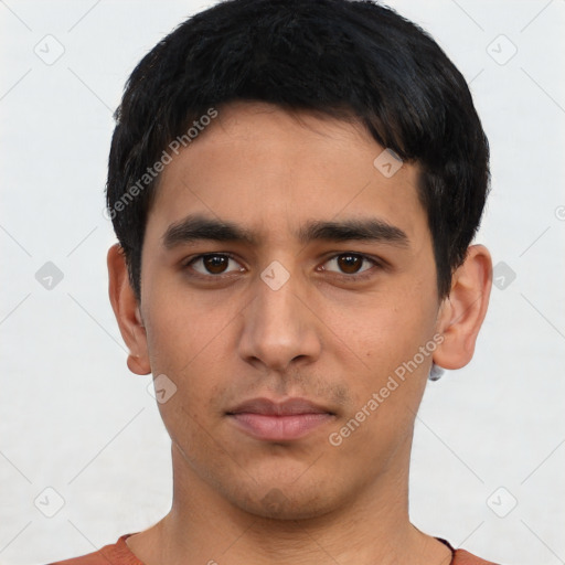 Neutral asian young-adult male with short  black hair and brown eyes