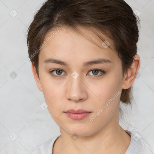 Neutral white young-adult female with short  brown hair and brown eyes