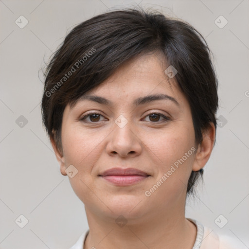 Joyful white young-adult female with medium  brown hair and brown eyes