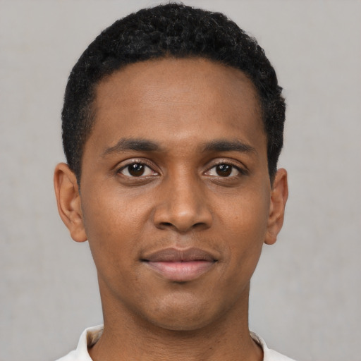 Neutral black young-adult male with short  black hair and brown eyes