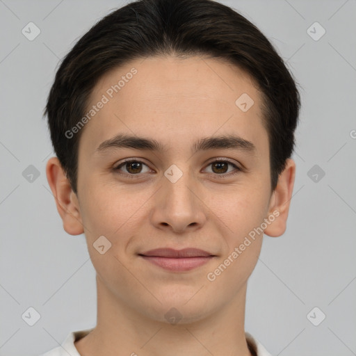 Joyful white young-adult male with short  brown hair and brown eyes