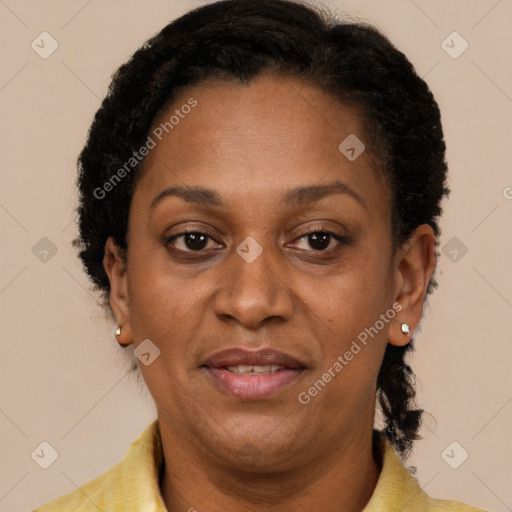 Joyful latino adult female with short  brown hair and brown eyes