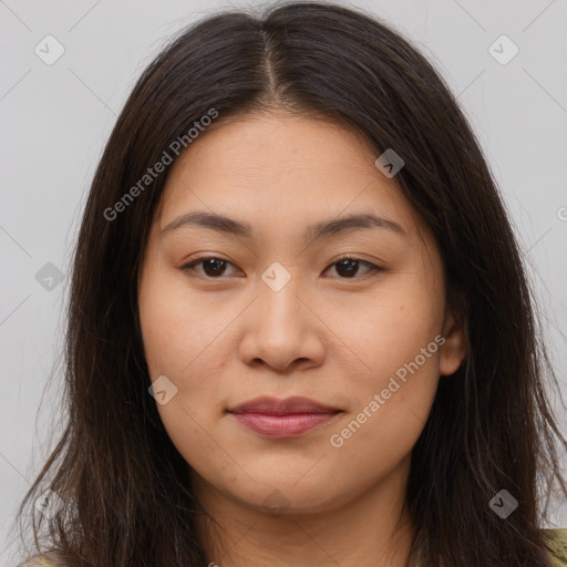 Joyful white young-adult female with long  brown hair and brown eyes