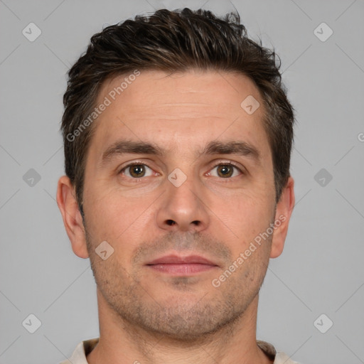 Neutral white adult male with short  brown hair and brown eyes