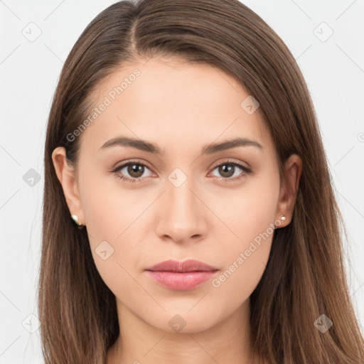 Neutral white young-adult female with long  brown hair and brown eyes