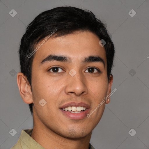 Joyful latino young-adult male with short  brown hair and brown eyes