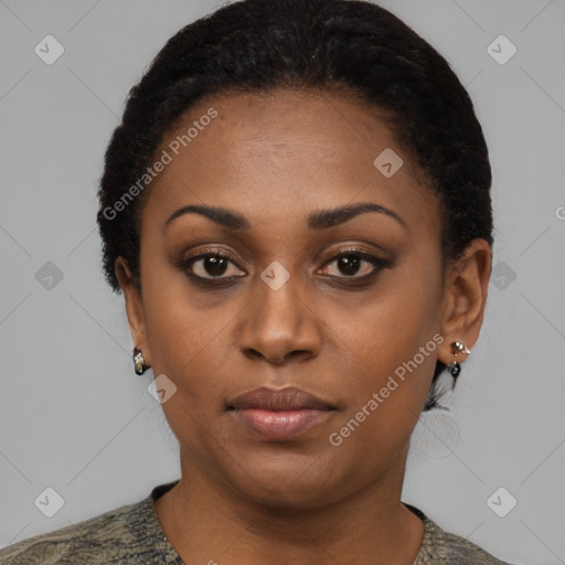 Neutral black young-adult female with short  black hair and brown eyes
