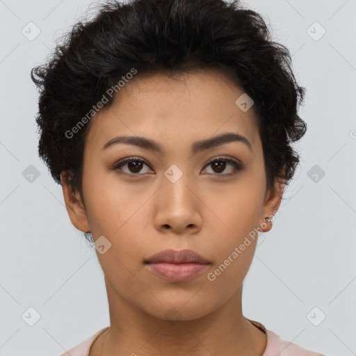 Neutral asian young-adult female with short  brown hair and brown eyes