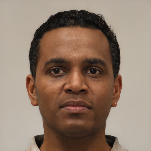 Neutral black young-adult male with short  black hair and brown eyes