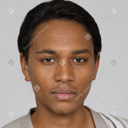 Neutral black young-adult male with short  black hair and brown eyes