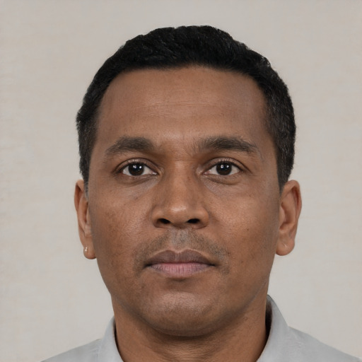 Neutral black adult male with short  black hair and brown eyes