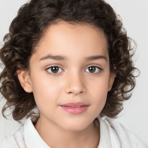 Joyful white child female with medium  brown hair and brown eyes