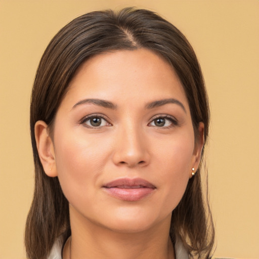 Neutral white young-adult female with medium  brown hair and brown eyes