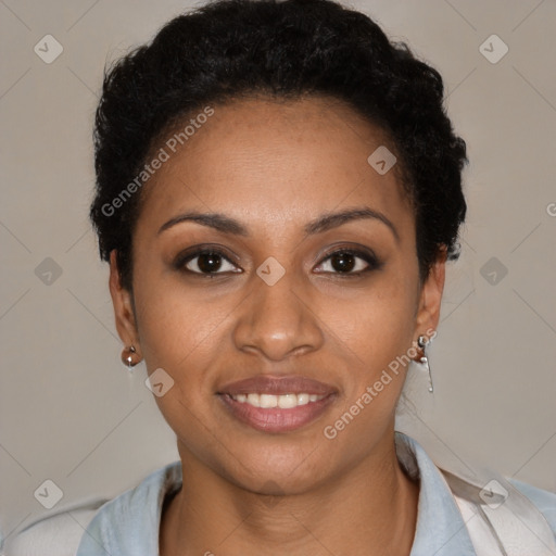 Joyful black young-adult female with short  black hair and brown eyes