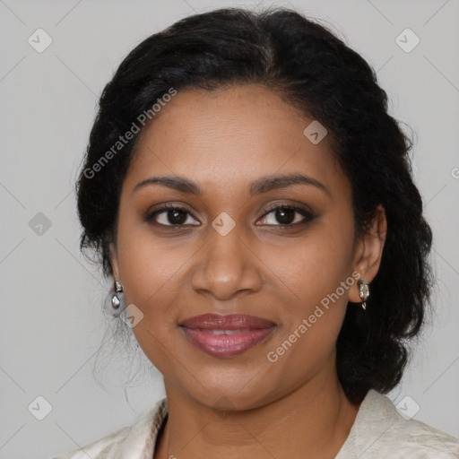 Joyful black young-adult female with medium  black hair and brown eyes