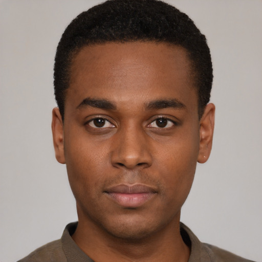 Neutral black young-adult male with short  black hair and brown eyes
