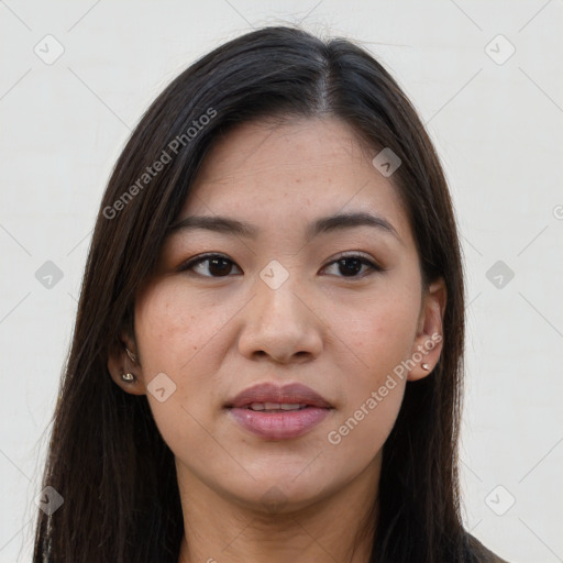 Joyful white young-adult female with long  brown hair and brown eyes