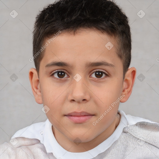 Joyful white child male with short  brown hair and brown eyes