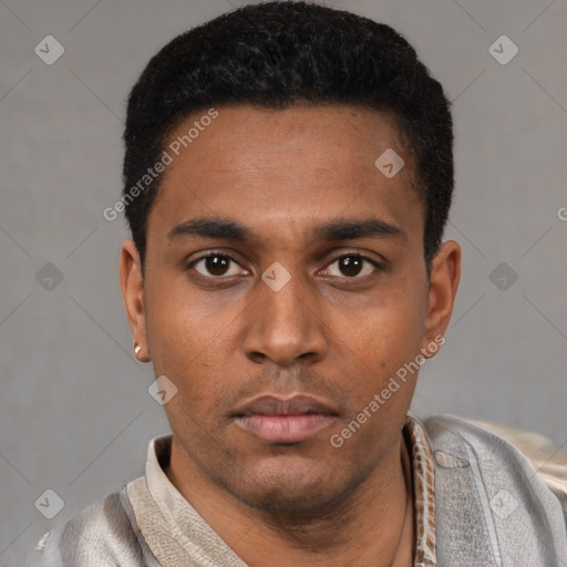 Neutral latino young-adult male with short  black hair and brown eyes