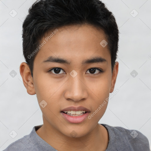 Joyful latino young-adult male with short  brown hair and brown eyes