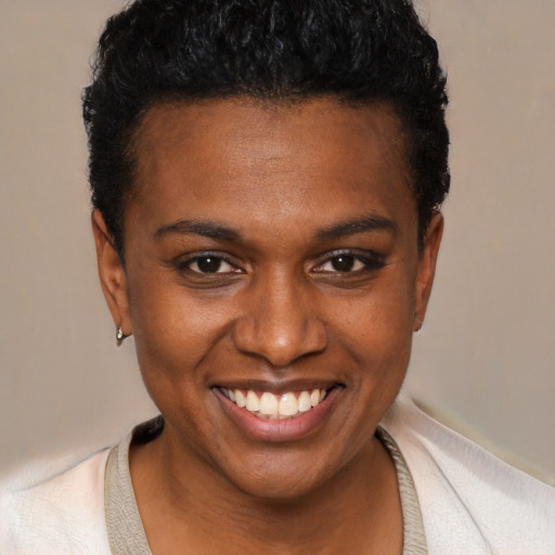 Joyful black young-adult female with short  brown hair and brown eyes