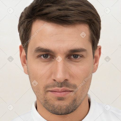 Neutral white young-adult male with short  brown hair and brown eyes