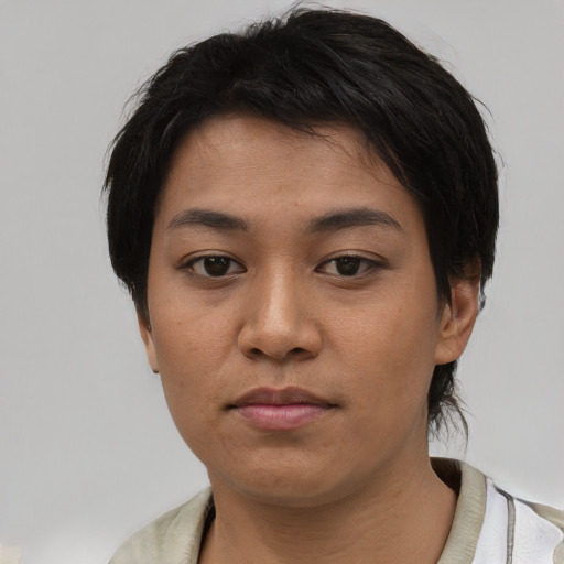 Neutral asian young-adult female with short  black hair and brown eyes