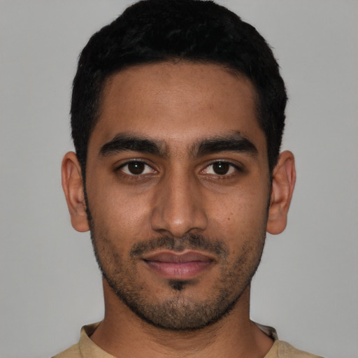 Neutral latino young-adult male with short  black hair and brown eyes