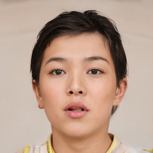 Neutral asian young-adult female with short  brown hair and brown eyes
