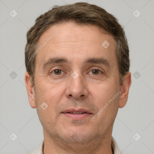 Neutral white adult male with short  brown hair and brown eyes