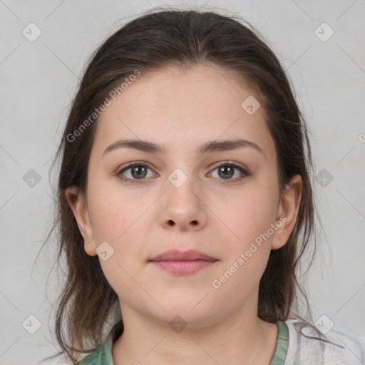 Neutral white young-adult female with medium  brown hair and brown eyes