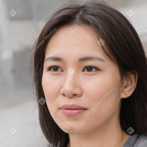 Neutral white young-adult female with medium  brown hair and brown eyes