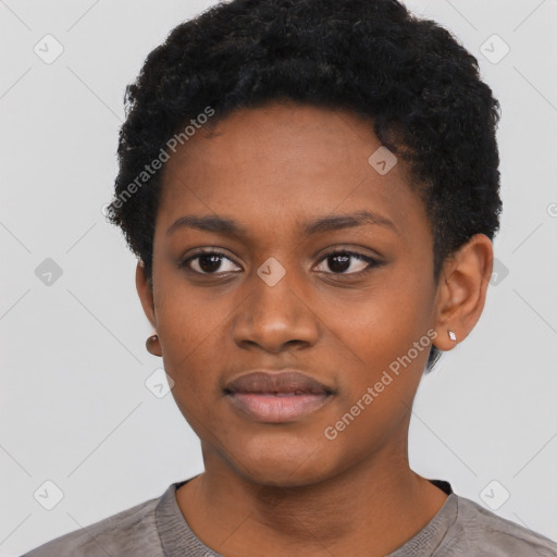 Neutral black young-adult female with short  black hair and brown eyes