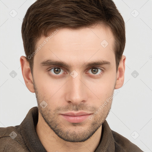 Neutral white young-adult male with short  brown hair and grey eyes