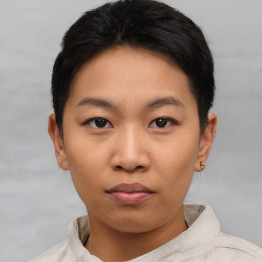 Neutral asian young-adult female with short  black hair and brown eyes