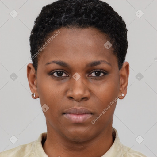 Neutral black young-adult female with short  brown hair and brown eyes