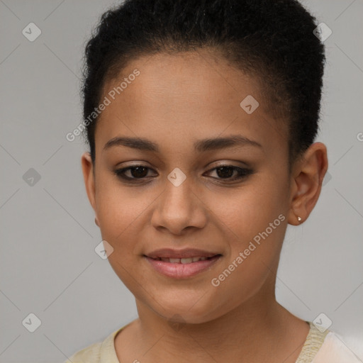 Joyful latino young-adult female with short  brown hair and brown eyes