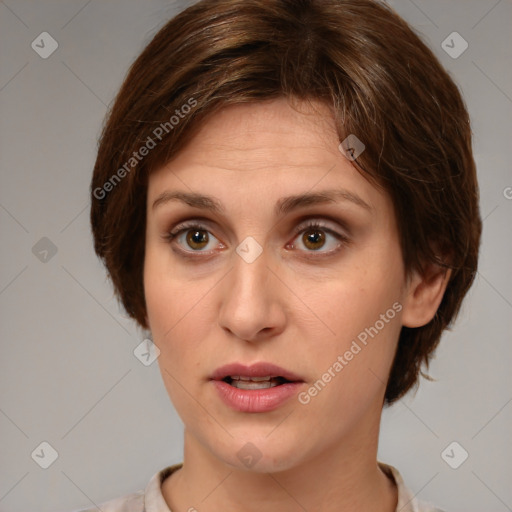 Joyful white young-adult female with medium  brown hair and brown eyes