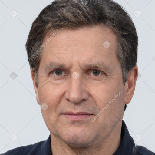 Joyful white middle-aged male with short  brown hair and brown eyes