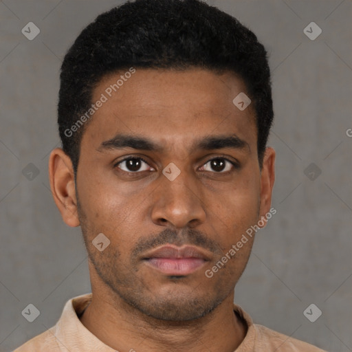 Neutral latino young-adult male with short  black hair and brown eyes